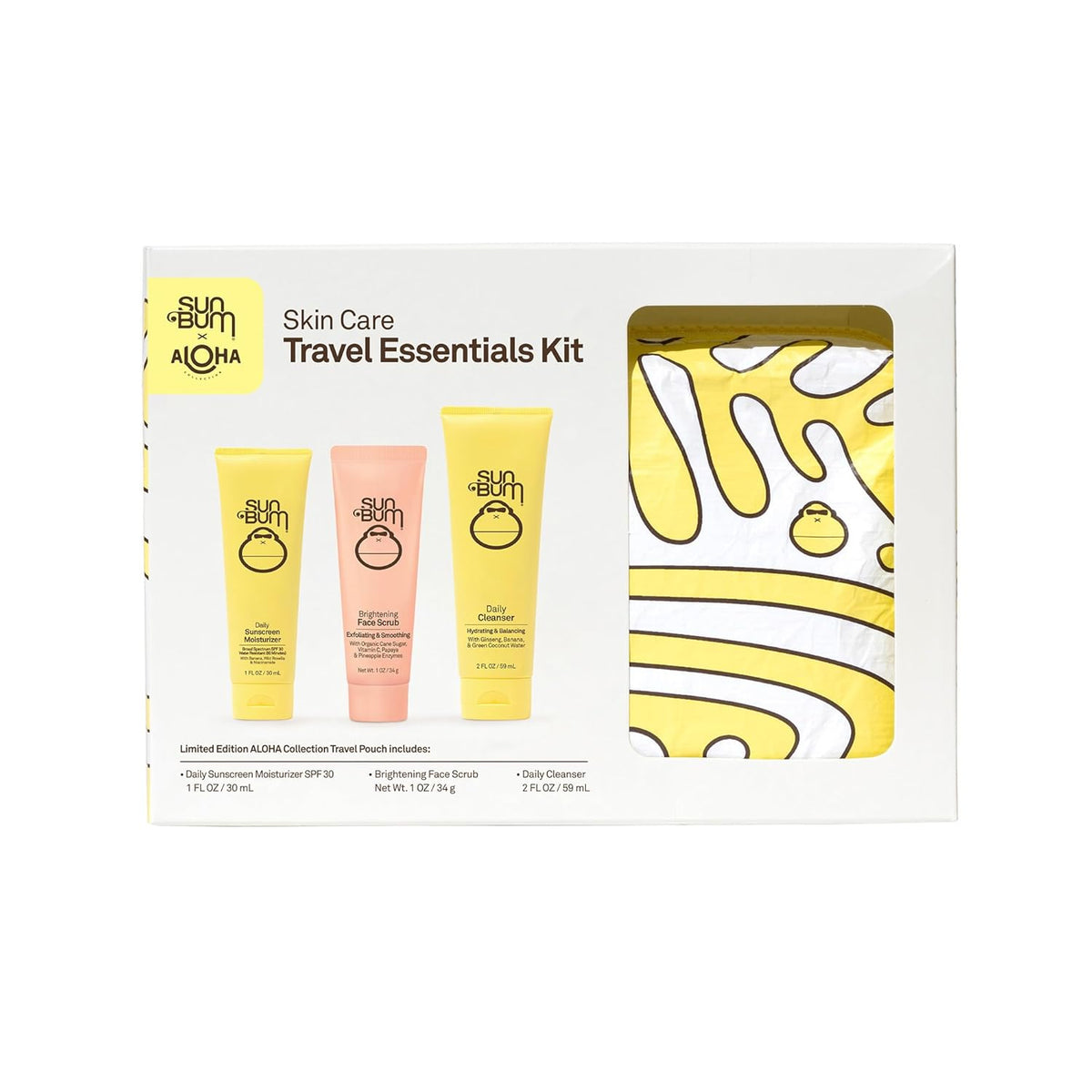 Sun Bum Skin Care Travel Essentials Kit | Cleanse, Brighten, Moisturize, Protect with Daily Cleanser, Brightening Face Scrub, and Daily Sunscreen Moisturizer | Includes Aloha Collection Travel Pouch