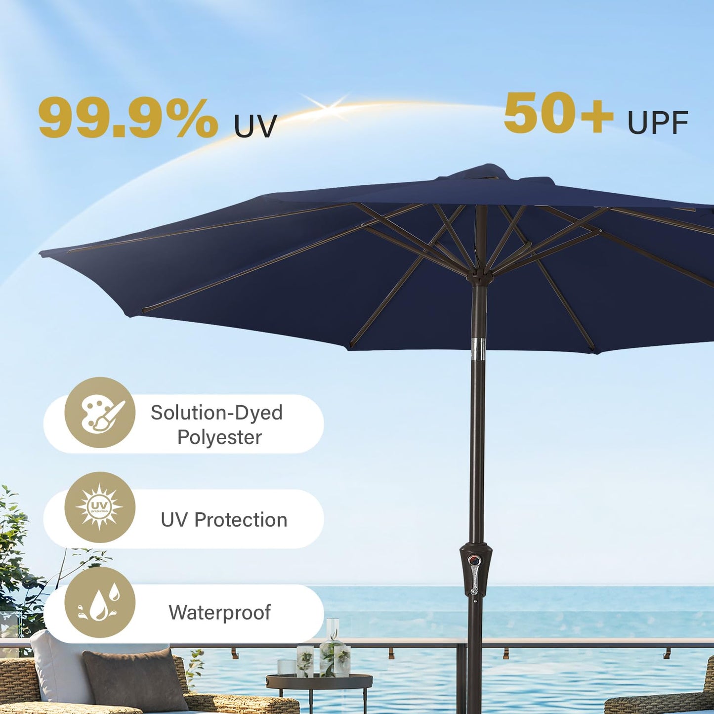 MEWAY 9ft Patio Umbrella Outdoor Table Umbrellas with Push Button Tilt and Crank, Market Umbrella 8 Sturdy Ribs for Deck, Garden, Pool and Backyard, Navy