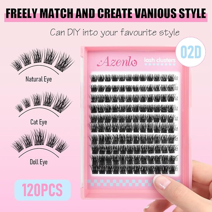 Natural Lash Clusters Kit Wispy Eyelash Clusters 120 pcs Cluster Eyelash Extensions C Curl Individual Lashes 10-16 mm Mix Length Natural Look Lashes Clusters with Thin Lash Band（02D-Lash KIT)