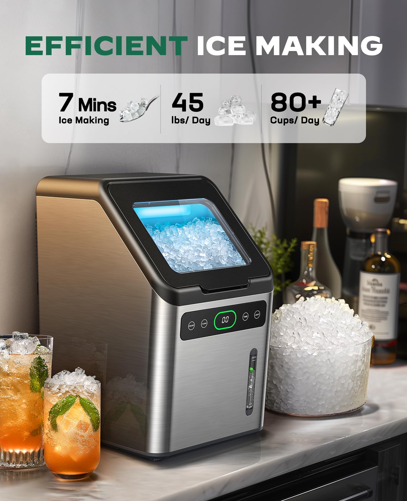 Totnz Nugget Ice Maker Countertop, 44lbs per Day with Self-Cleaning Function，Timer Pebble Ice Maker with Soft Chewable Ice for Home Kitchen Office Bar Party,Stainless Steel
