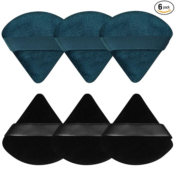Pimoys 6 Pieces Powder Puff Face Triangle Makeup Puff for Loose Powder Setting Powder Soft Foundation Sponge Makeup Blender Sponge Beauty Makeup Tool, Black and Peacock Blue