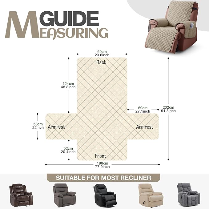 KinCam 100% Waterproof Recliner Chair Cover, Reclining Couch Covers for Pets, Dogs, Recliner Couch Slipcover Furniture Protector with Elastic Straps for Kids(23.6", Khaki)