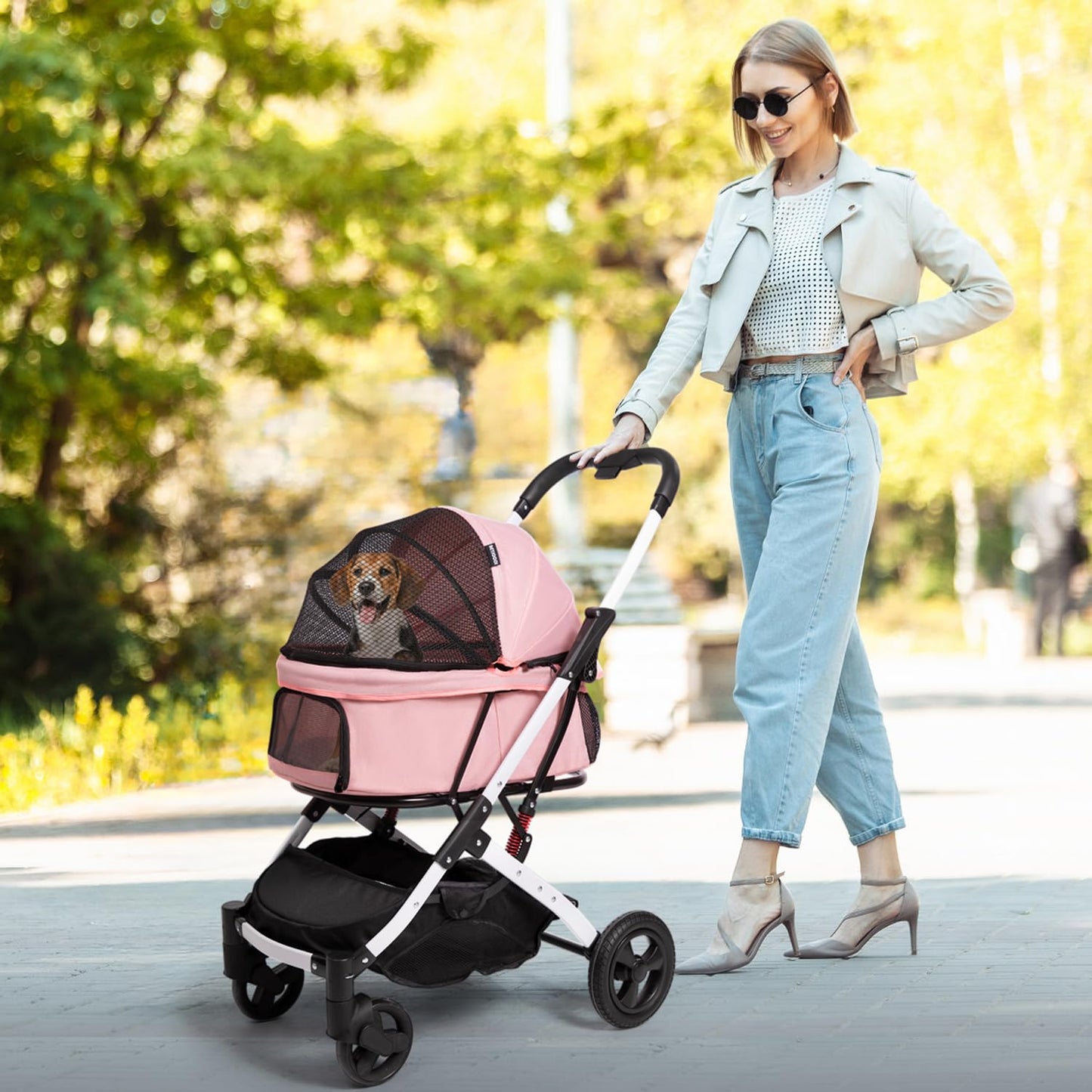 BETSOCCI Pet Stroller for Medium Small Dog & Cat, Foldable Lightweight Dog Stroller with Storage Basket Pet Travel Carriage with Safety Leashes, 4 Wheel, Pink