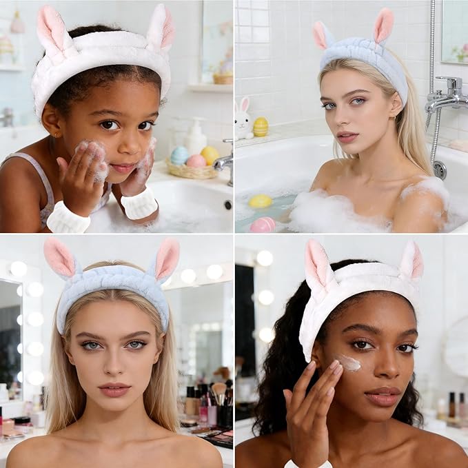 YISSION Cute Bunny Ear Spa Headband and Wristband Set for Women and Girls - Soft Plush Makeup Headband with Wrist Towels for Face Washing, Skincare, Shower, Easter Party Favors (White & Blue)