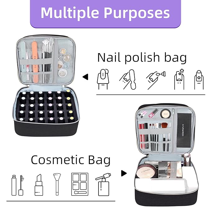 Nail Polish Organizer Holds 30 Bottles (15ml - 0.5 fl.oz) Double-layer Gel Nail Polish Kit Case, Nail Holder for Nail Lamp, Portable Nail Organizer and Storage for Nail Supplies (Black)