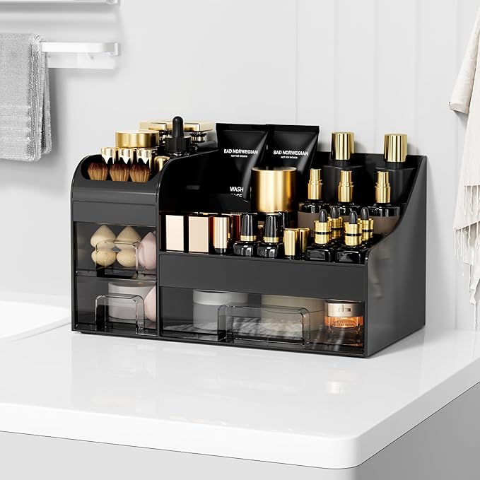 Makeup Organizer with Drawers,Large Cosmetic Storage Box,Countertop Skincare Organizer,ABS Makeup Brush Holder for Bathroom,Desk,Dresser,Multifunctional Beauty Display Case,Black transparent