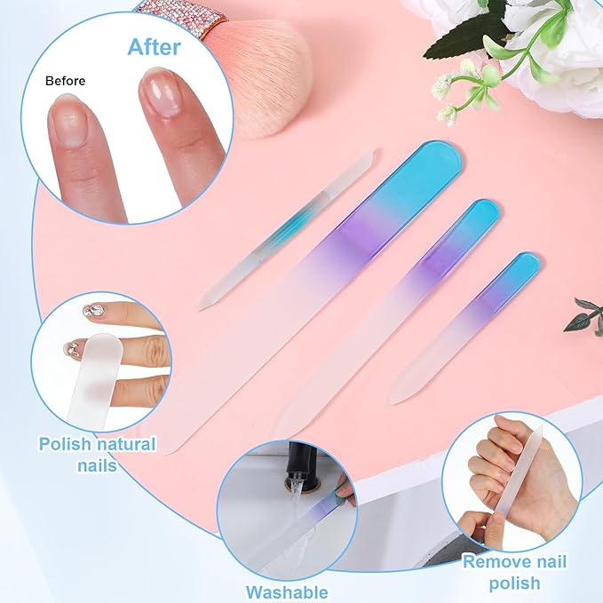 4 Pcs Glass Nail File and Cuticle Pusher Set, Gradient Blue Double Sided Crystal Nail Buffers for Natural Nails and Acrylic Nails Manicure Pedicure Tools