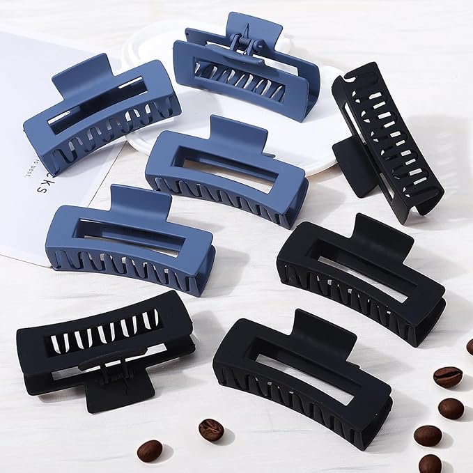 8 Pcs Large Hair Claw Clips 4.1 Inch Non-slip Big Square Matte Hair Claws for Women, Strong Hold Banana Clip for Thick Thin Hair (Black/Blue)