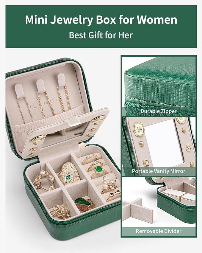 VLANDO Small Travel Jewelry Box Organizer - Girls Women Gift Rings Earrings Necklaces Jewelry Storage Display Case with Mirror Dark Green