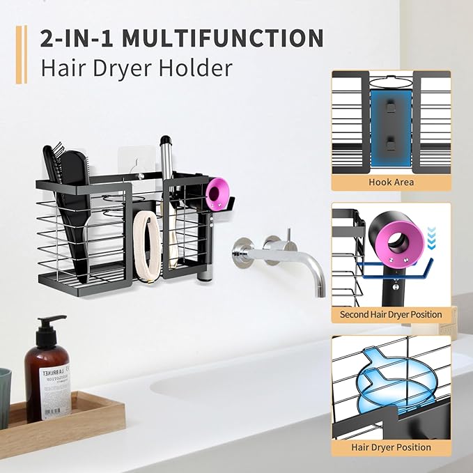 FUNKYLEE Hair Tool Organizer Hair Dryer Holder, 3 in 1 Metal Bathroom Blow Dryer Organizer Wall Mount for Flat Iron, Curling Iron, Straightener, Styling Tools Storage and Organizer (Black)-2pcs