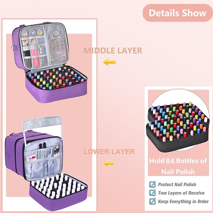 Large Nail Polish Organizer Case Hold 84+ Bottles Nail Polish & Nail Lamp, 3 Layers Nail Organizers and Storage for Nail Tech with Divider, Travel Carrying Case(Purple)