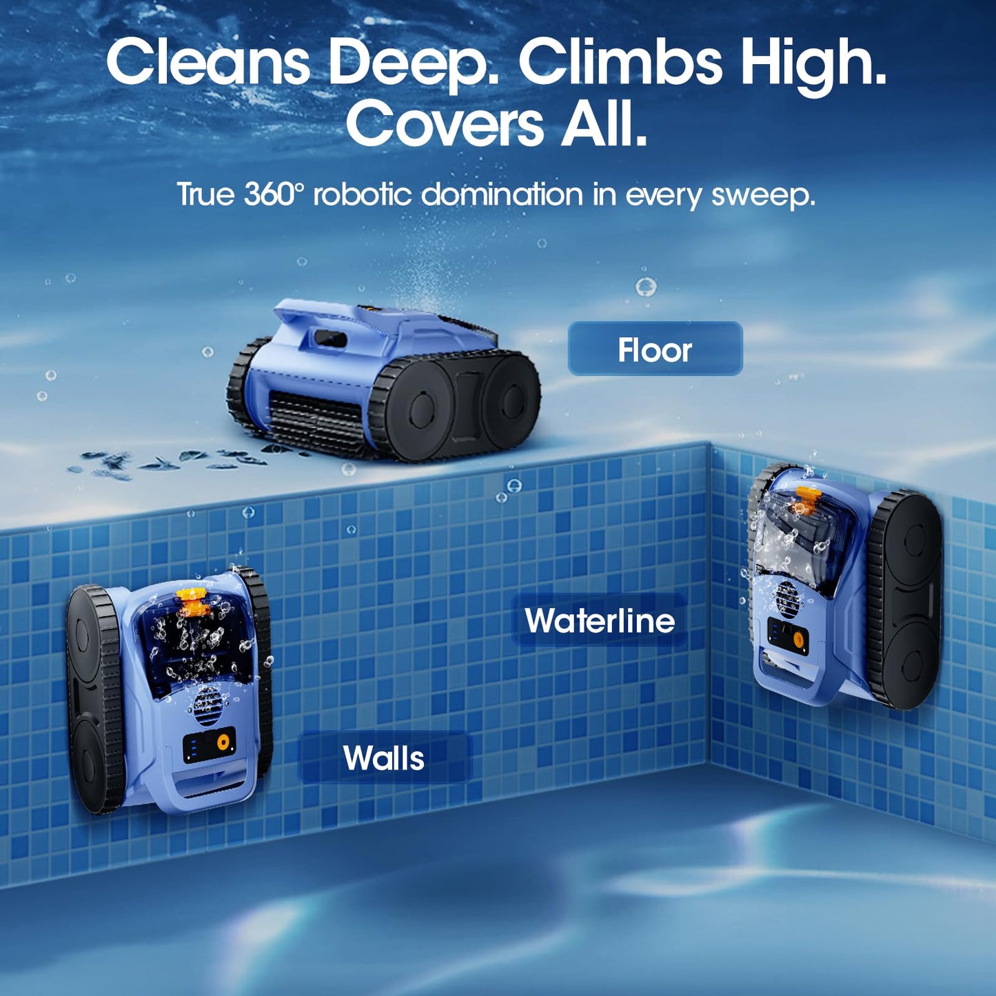 Cordless Robotic Pool Vacuum with Smarter Navigation & Track Drive, Dual 180W Brushless Motors, Wall & Waterline Climbing, 150-Min Runtime, for Inground & Above-Ground Pools up to 2,150 Sq. Ft.