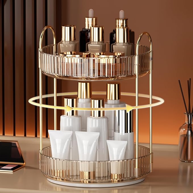 YCIA&DONE 360 Rotating Makeup Organizer and Storage for Vanity Countertop 2 Tiers, High Capacity Cosmetic Skincare Perfume Organizers for Dresser Bathroom Lazy Susan (Amber Gold)