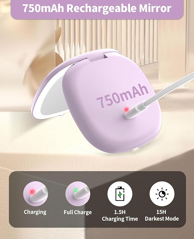 WOBSION Rechargeable Lighted Travel Makeup Mirror,1x/10x Compact Magnifying Mirror with Lights,Portable for Bag,4inch,Gift,Purple