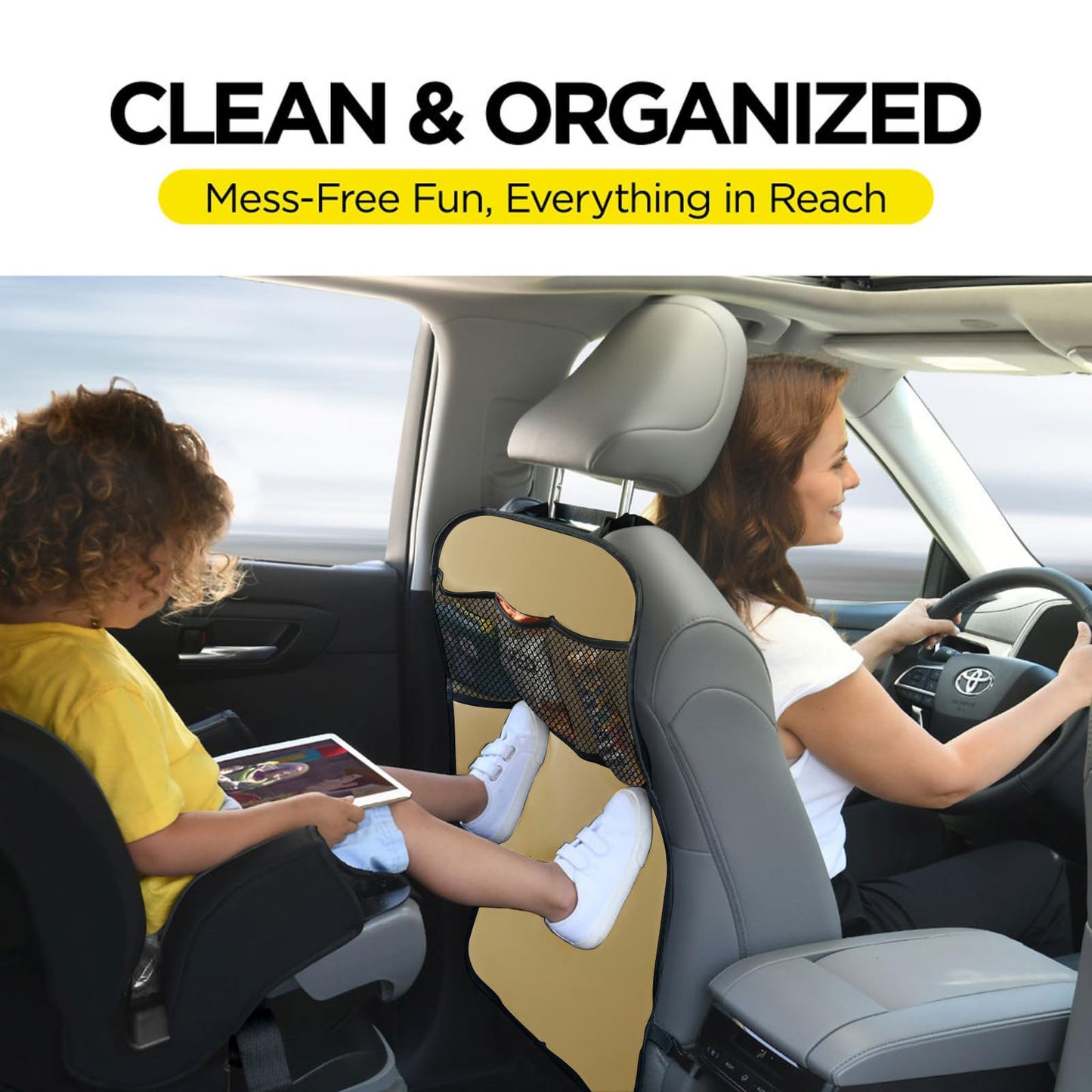 lebogner Back Seat Cover for Kids + 3 Pocket Storage Organizer, 2 Pack Kick Mats Backseat Protector, Car Accessories Waterproof Kick Guard for Vehicles to Protect from Dirt, Mud & Scratches, Beige