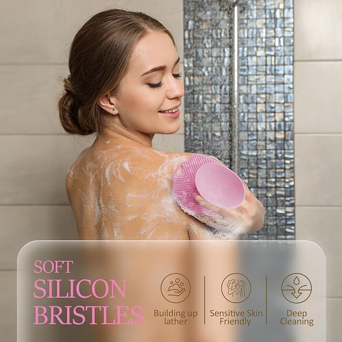 Soft Silicone Body Scrubber, Gentle Like a Hand Exfoliating Your Skin and Build Up Lather Easily, Back Large Suction Cup Easy to Store, Long-Lasting & Deep Clean (Pink)