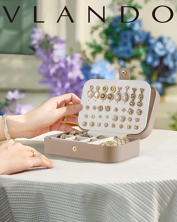 VLANDO Travel Jewelry Case for Women Girls Mothers, PU Leather Small Jewelry Box for Rings, Necklaces, Bracelets, Earring Holder Organizer Storage for Travel Accessories, Valentines Gift - Toffee