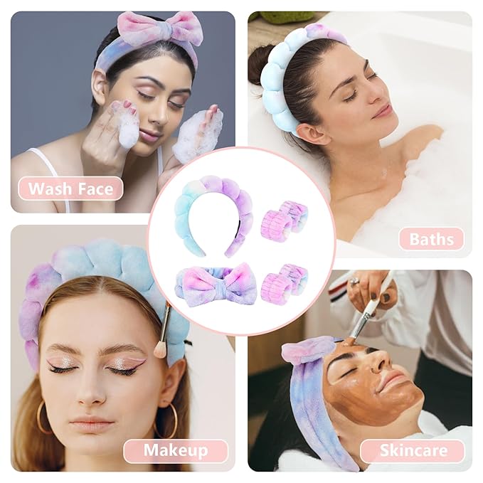 CAVETEE 6 Pack Puffy Bow Tie Headbands with Makeup Wristbands - Cute Spa, Face Washing and Makeup Set for Women and Girls