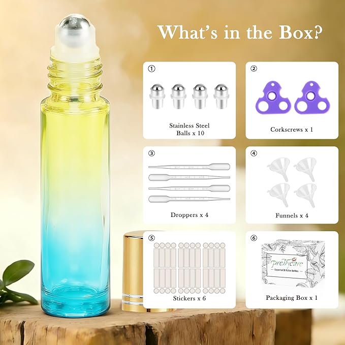 PrettyCare 24 Pack, 10 ml Essential Oil Roller Bottles with Stainless Steel Roller Ball - Refillable Leak-proof Empty Thick Blue& Yellow Glass Roll on Bottles with Golden Caps for Travel, Perfume