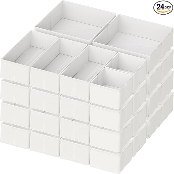 Criusia Drawer Organizer Clothes, 24 Pack Dresser Organizer for Baby Clothes, Underwear, Sock- Foldable Closet Organization and Storage Dividers Bins for Nursery, Bedroom and Dorm (White)