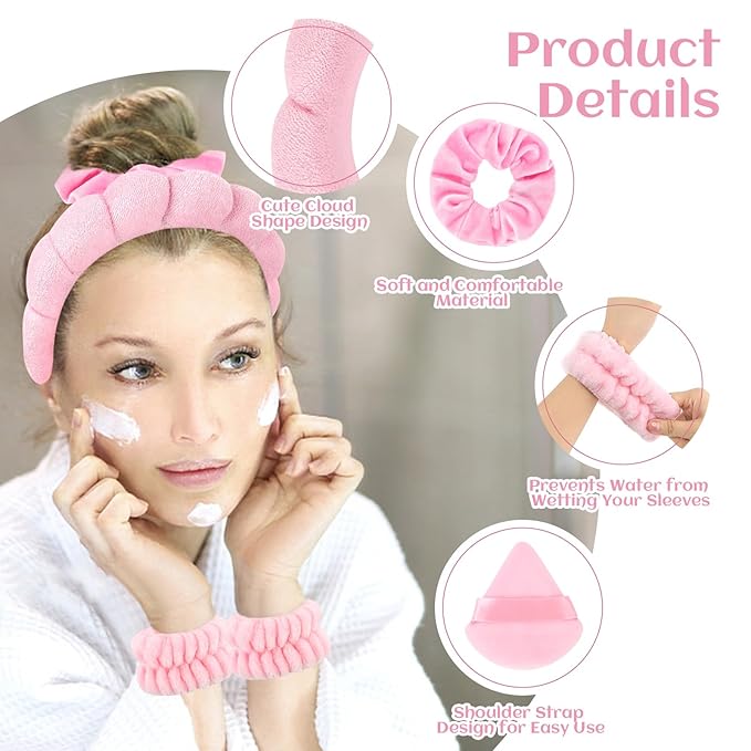 Spa Headband Set, 7Pcs Puffy Terry Cloth Headband and Wristband for Skincare, Makeup, Yoga, Shower, Spa Party, Sleepover Party, Pink
