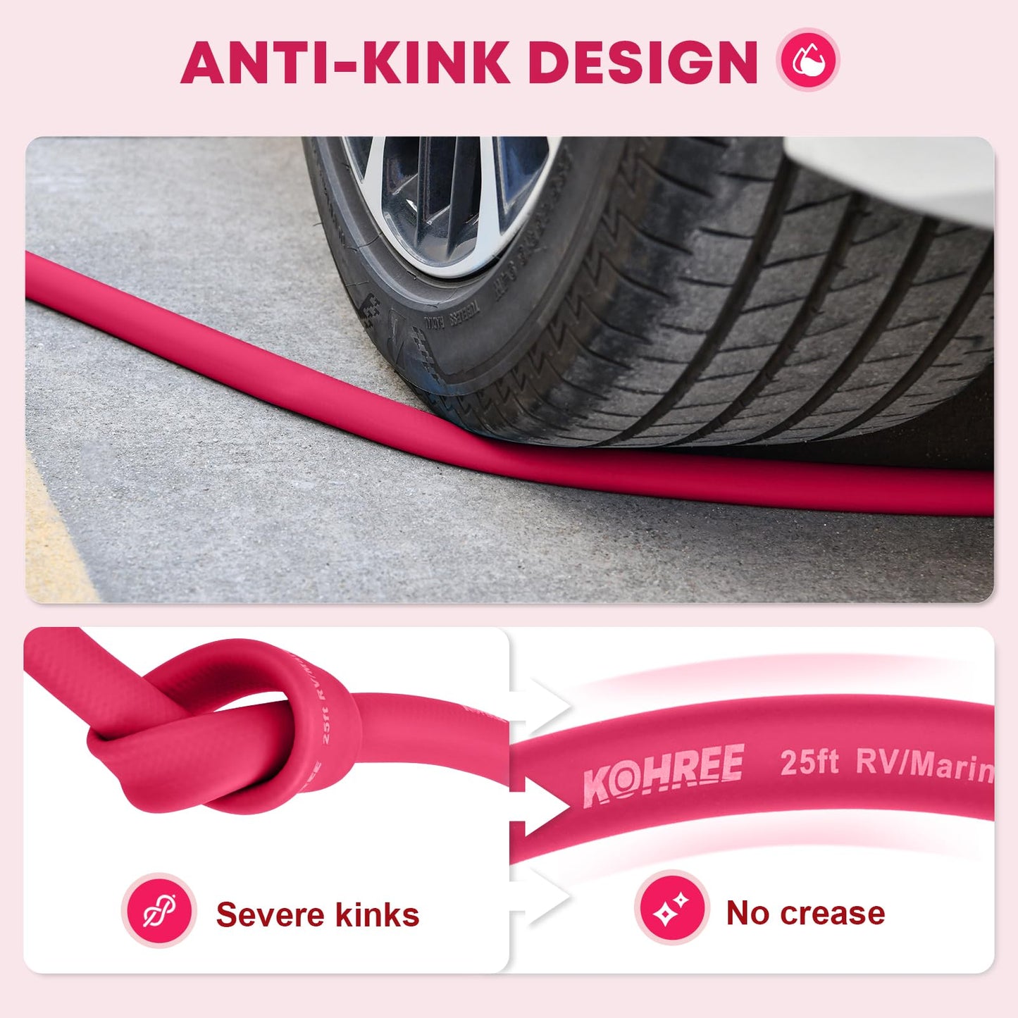 Kohree 25FT RV Water Hose, 5/8'' Premium Drinking Water Hose Leak Free, No Kink and Flexible Garden Hose with Storage Bag, Ideal for RV, Camper, Garden, Truck, Car - Pink