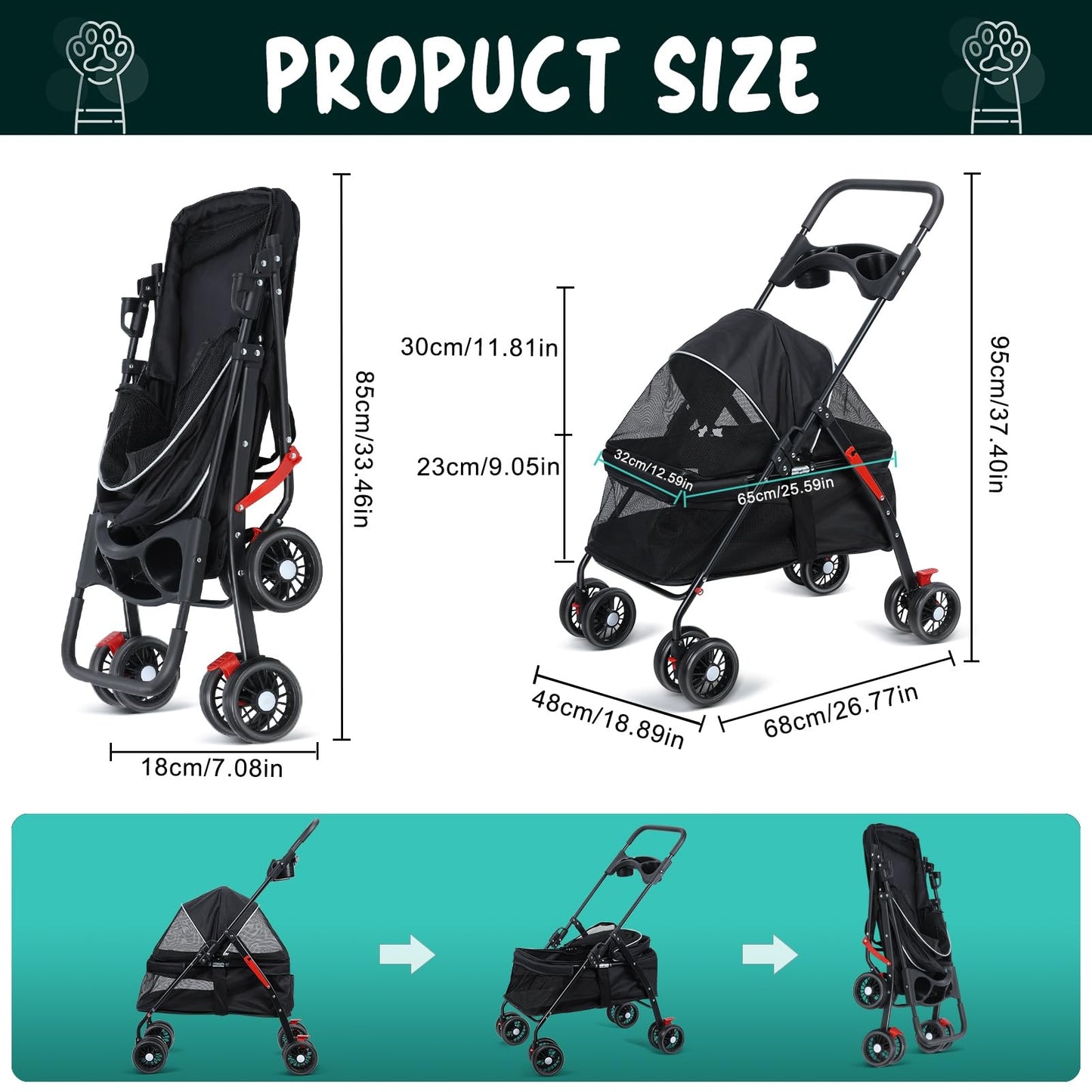 sxvbdway 4 Wheels Pet Stroller for Medium Small Dog up to 50lbs, Dog Cat Stroller, Outdoor Travel Pet Folding Strollers with Cup Holder, Detachable Carrier, Breathable Visible Mesh (Black Upgraded)