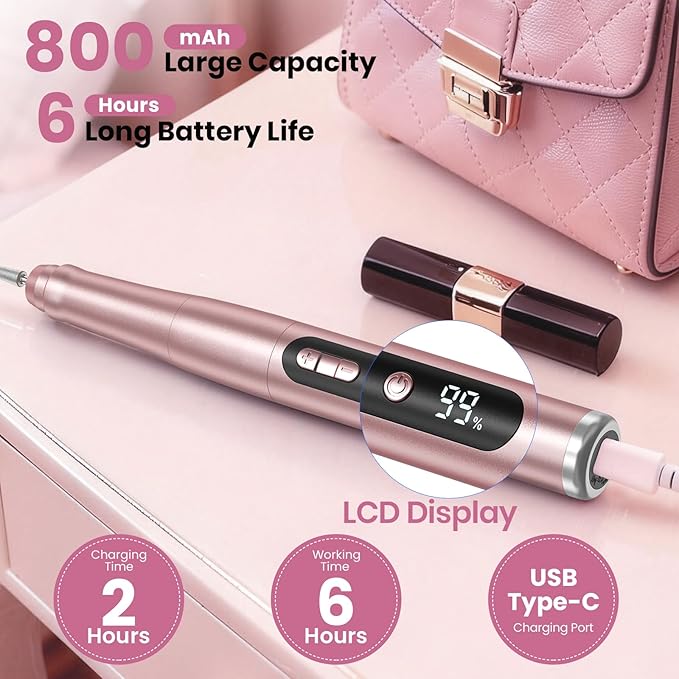 Cordless Nail Drill 35000RPM, Portable Electric Nail File for Acrylic Gel Nails, Professional Manicure Pedicure Kit, Rechargeable Pedicure Tools for feet with LCD Display, Low Noise Low Vibration