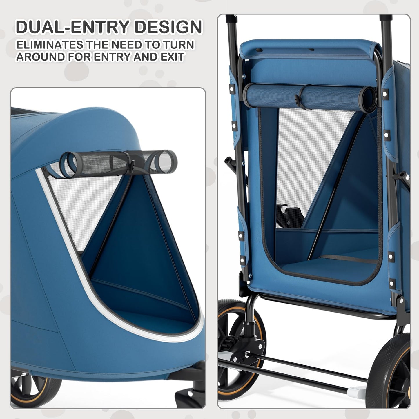 MoNiBloom Pet Stroller for Large Dogs or Multiple Dogs Cats with Adjustable Handle, 3-Wheels Dual Entry Portable Dog Carting Easy Folding Pet Wagon Double Dog Stroller up to 55 lbs, Navy Blue
