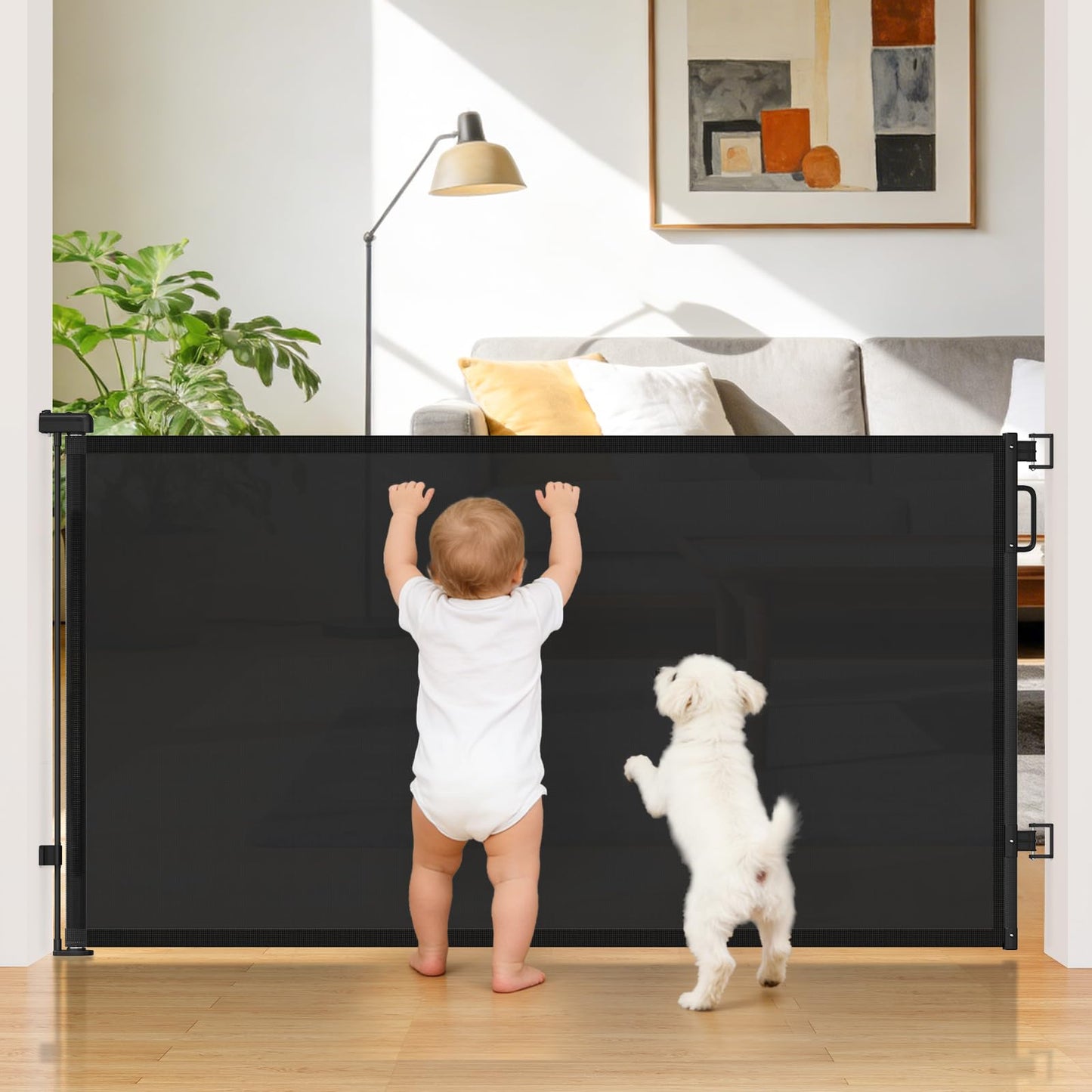 Cideny 42" Extra Tall Retractable Baby Gates for Stairs, 76" Wide Dog Gate Indoor Outdoor for Doorways Deck Kitchen, Long Mesh Safety Gate for Child Toddler, Prevent Pet from Jumping Over, Black