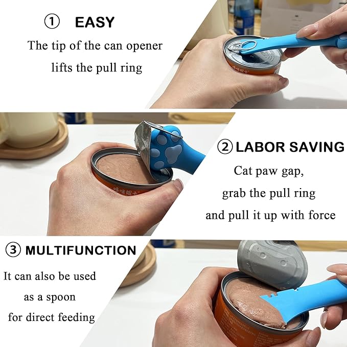 SJANE Cat Food Can Spoons & Can Lids | 4 Pcs | Colorful Multi-Function Cute Paw Shape Opener | Universal Silicone Pet Food Covers | Stainless Steel Wet Food Spatula for Kittens and Dogs(Blue)