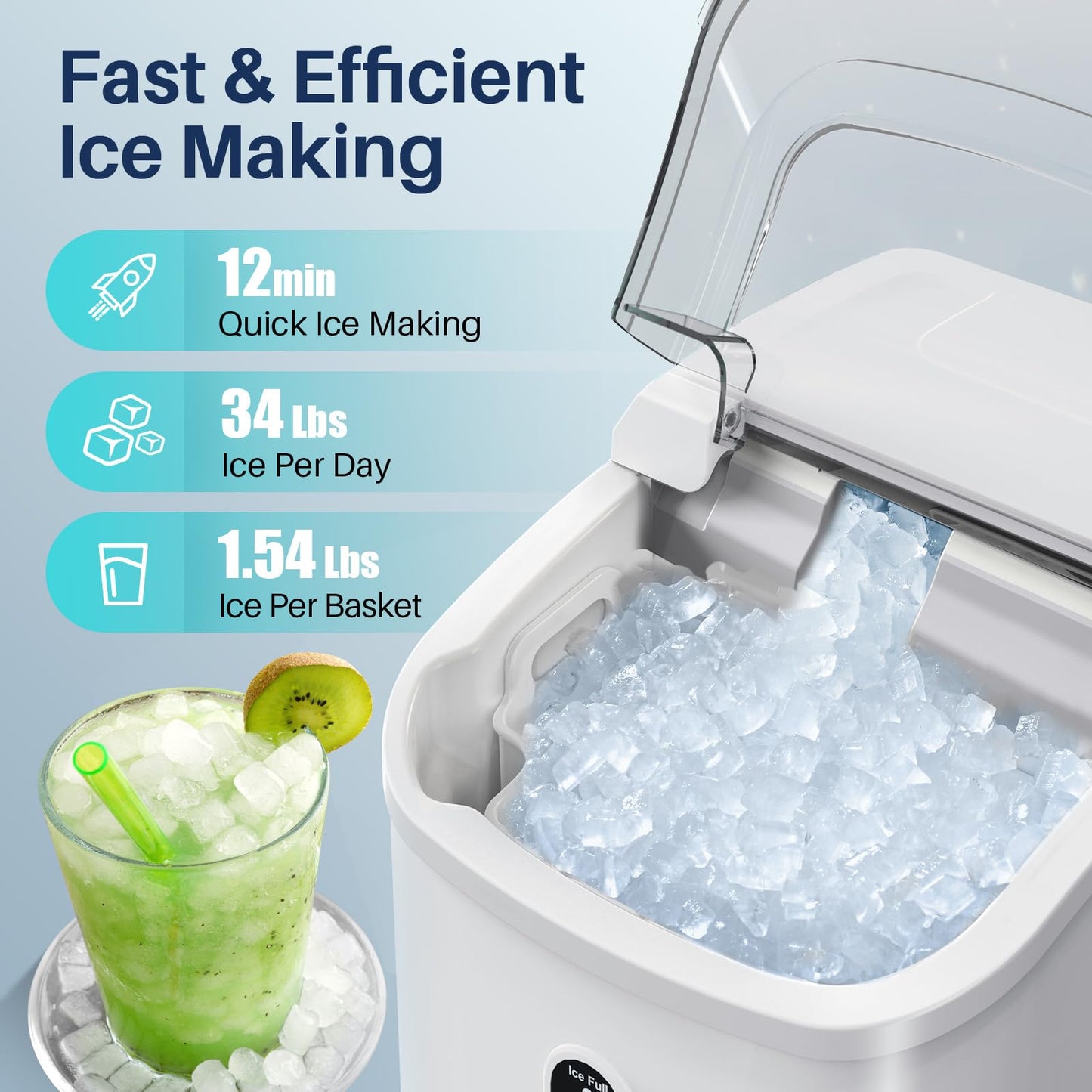 FREE VILLAGE Nugget Ice Makers Countertop, Pebble Ice Maker Machine with Soft Chewable Ice, 34Lbs/Day, Self-Cleaning, One-Click Operation, Pellet Ice Maker with Ice Scoop for Home Kitchen Office Bar