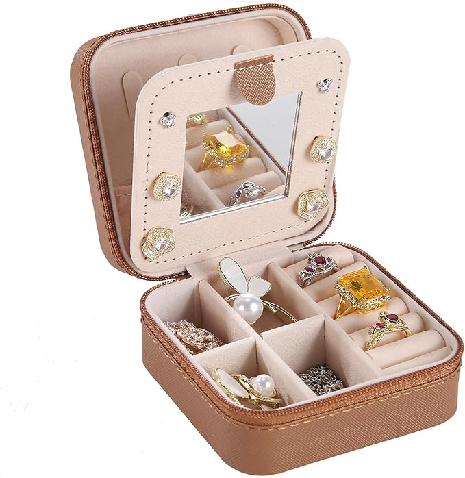 KElofoN Travel jewelry case Travel jewelry box Travel Jewelry Organizer Small Jewelry Organizer Box Gift for Girls Women with Mirror(Coffee)