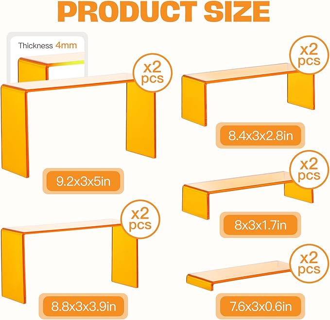 Goabroa Display Risers, 2 Sets 5 Tier Rectangular Risers Display Stands, Display Shelves for Figures, Cupcake, Perfume Display, Transparent Orange