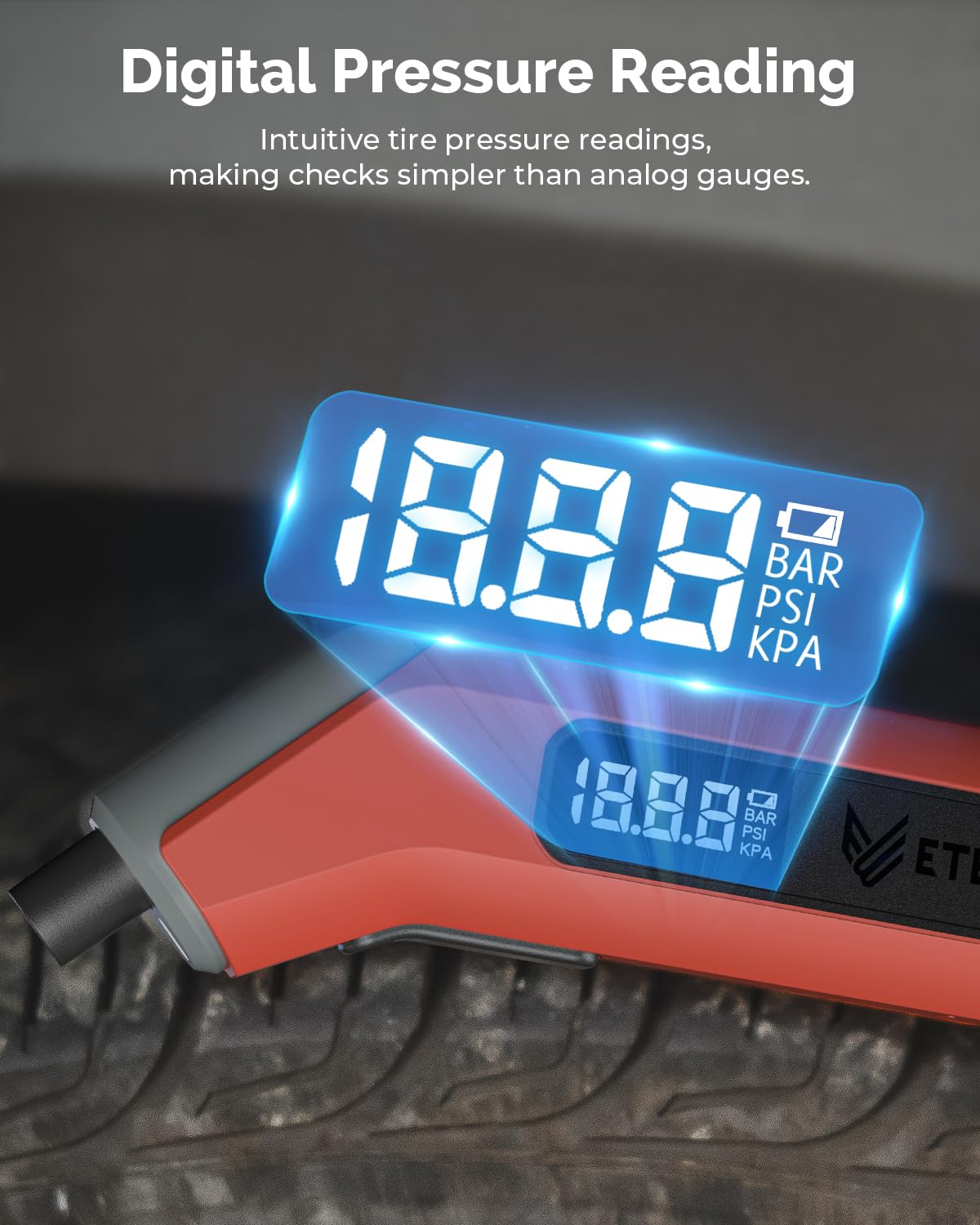 ETENWOLF Digital Tire Pressure Gauge 2 Pack, Industrial Tire Gauge 3-200 PSI, Calibrated to ANSI B40.7 Grade 2A(Plus-Minus 0.5%), Air Pressure Gauge with Replaceable AAA Batteries (Vivid Orange)