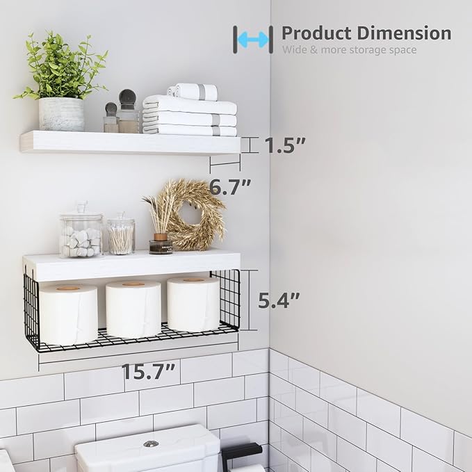 QEEIG Bathroom Shelves Over Toilet - Wall Mounted Floating Shelves Toilet Paper Storage Small Farmhouse Decor Shelf 16 inch Set of 2, White and Black (019-WB2)