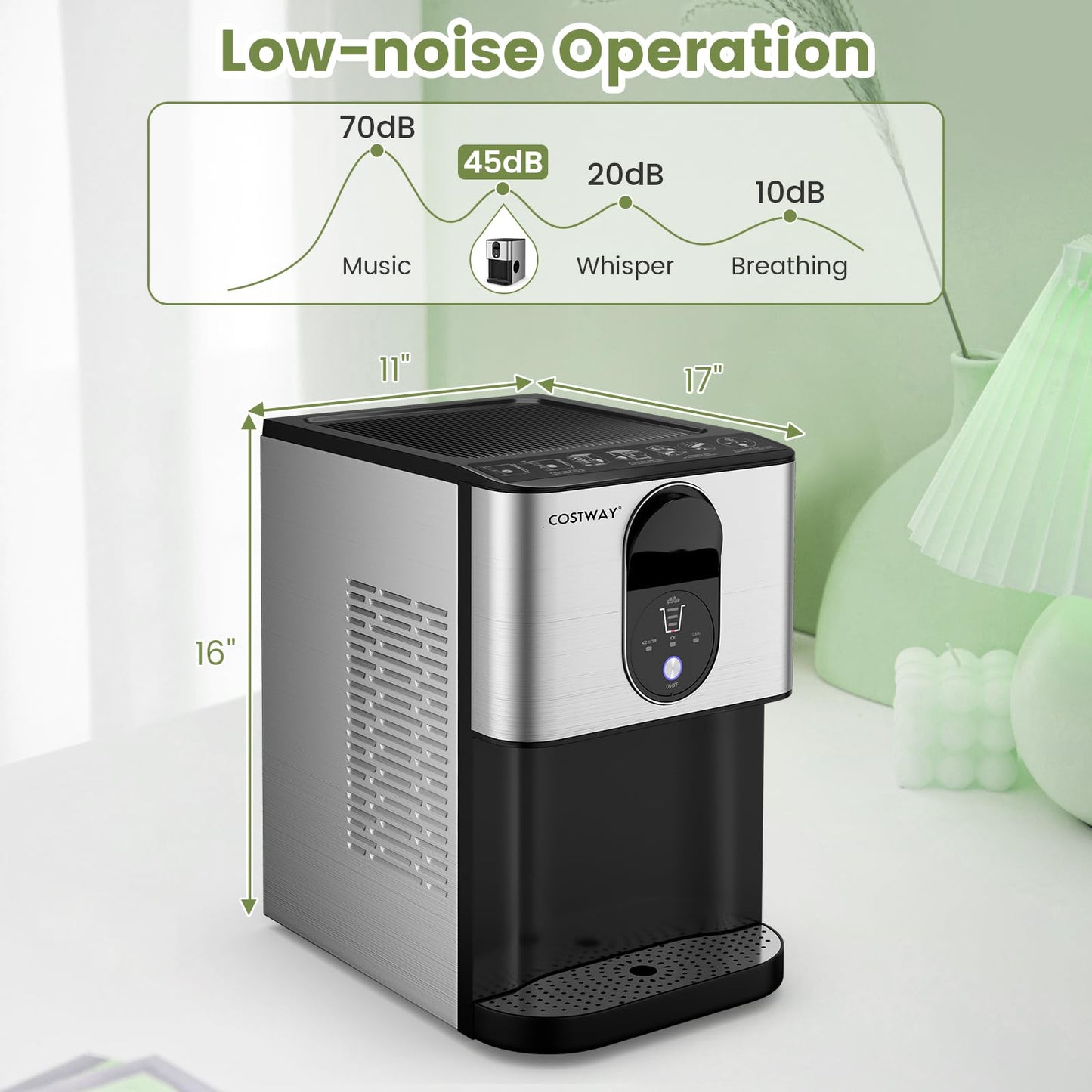 COSTWAY Self Dispensing Nugget Ice Maker Countertop, 56 Lbs/24H Soft Chewable Ice, Pebble Ice Maker with Self-Cleaning, One-Button Operation, Portable Stainless Steel Ice Maker for Home Office Party
