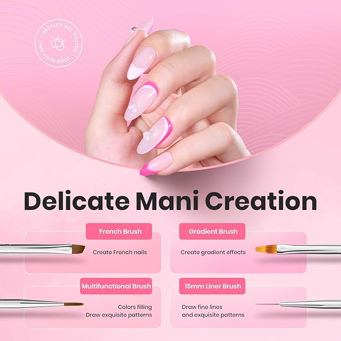 Beetles Nail Art Brushes, 6 Pcs Fingernail Art Design Pens, Pink Handle French Tip Ombre Clean Up Nail Brush Set for Gel Polish with Palette DIY Manicure Tools Gift for Women