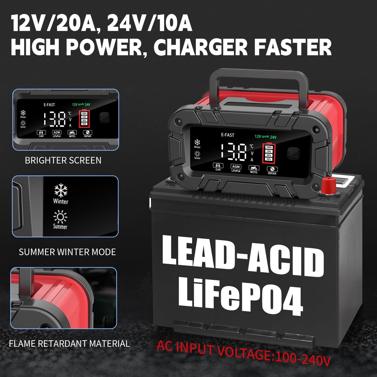 E-FAST Battery Charger 0-20A 12/24V Lifepo4 Lead Acid Automatic Smart Car Battery Charger, Trickle & Pulse Repair, Automobile Battery Maintainer for Car Truck Motorcycle Lawn Mower Boat