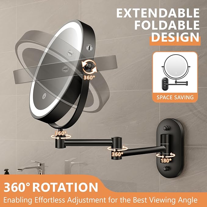 Auxmir 1X/30X Wall Mounted Lighted Makeup Mirror, 8" Rechargeable Double-Sided Magnifying Mirror with Light, Touch Dimmable 3 Color Light, 360° Rotation Foldable Extended Arm, Black