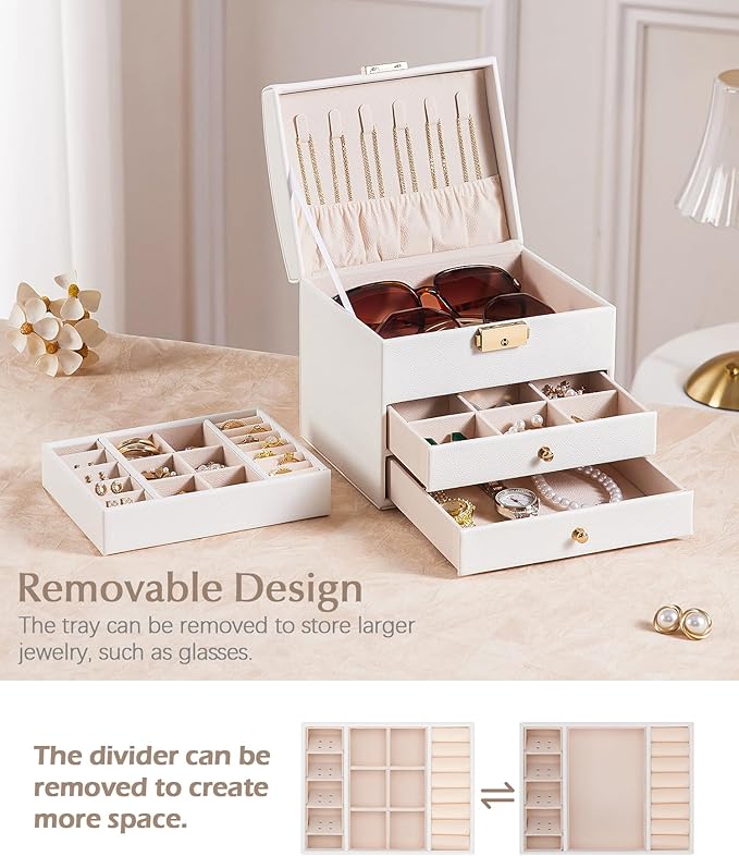 Homde Girls Jewelry Box with Lock: 3 Layer Organizer with Removable Tray - Storage for Ring Necklace Earring - Birthday & Return Gifts for Young Women (Cloud White)