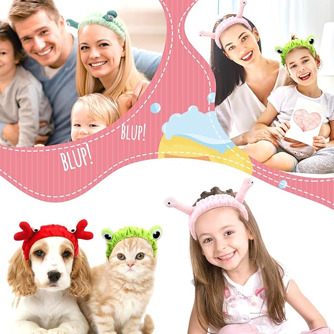 4 Pack Face Wash Headband Facial Makeup Skincare Headbands, Elastic Coral Fleece Spa Hairband for Washing Face, Cartoon Fun Frog Snail Crab Hair Accessories