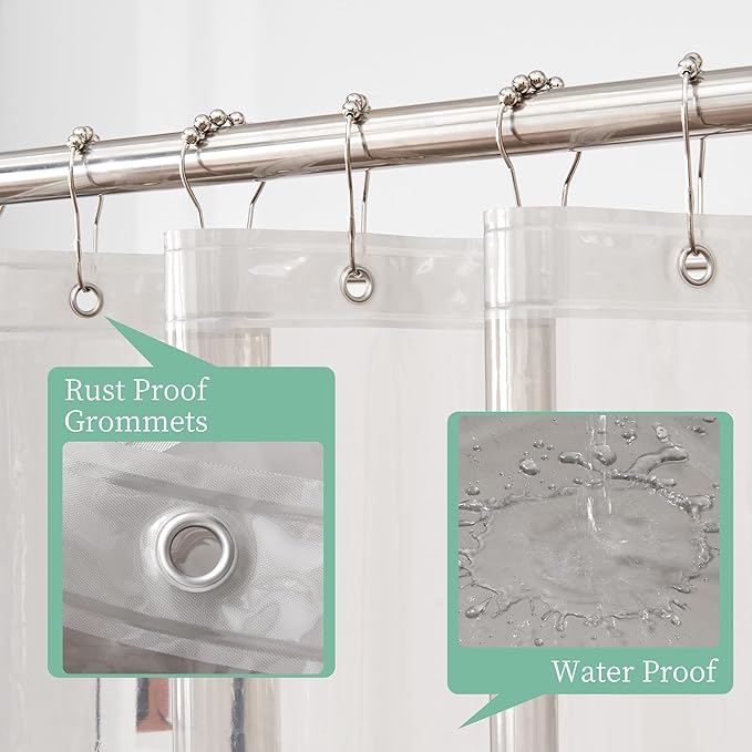 Mrs Awesome Clear Black Shower Curtain Liner with 3 Magnets, 72x72 Premium Flexible Sturdy Plastic Shower Curtain for Bathroom Lightweight & Waterproof, Clear Black