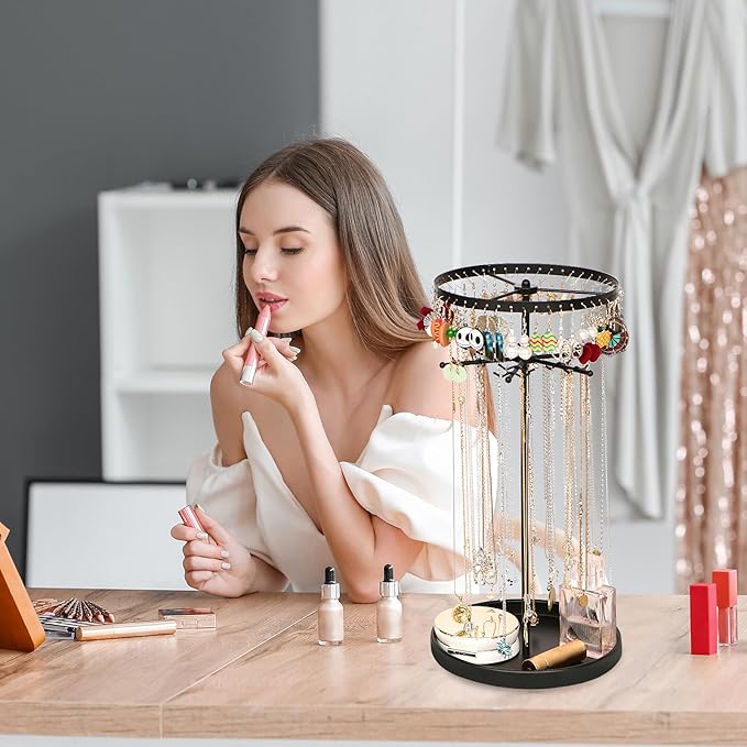 360 Rotating 2-Tier Jewelry Organizer Stand, Large Earring Holder Organizer with 48 Holes for Studs，24 Prongs for Necklaces, Wide Base for Bracelets, Watches, Lipstick, Jewelry Display Stand for Women