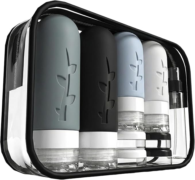 Travel Bottles Kit (16 Pack) - TSA Approved, Leak Proof Silicone Squeezable Containers for Toiletries. Complete Set with Jars, Sprayers & Bag (Black)