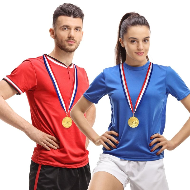 Juvale Soccer Medals - 12-Pack, 2-Inch Gold Zinc Alloy with 15.5-Inch Red, White & Blue Ribbons - Soccer Party Favors, Trophy Award - 1st Place Medals