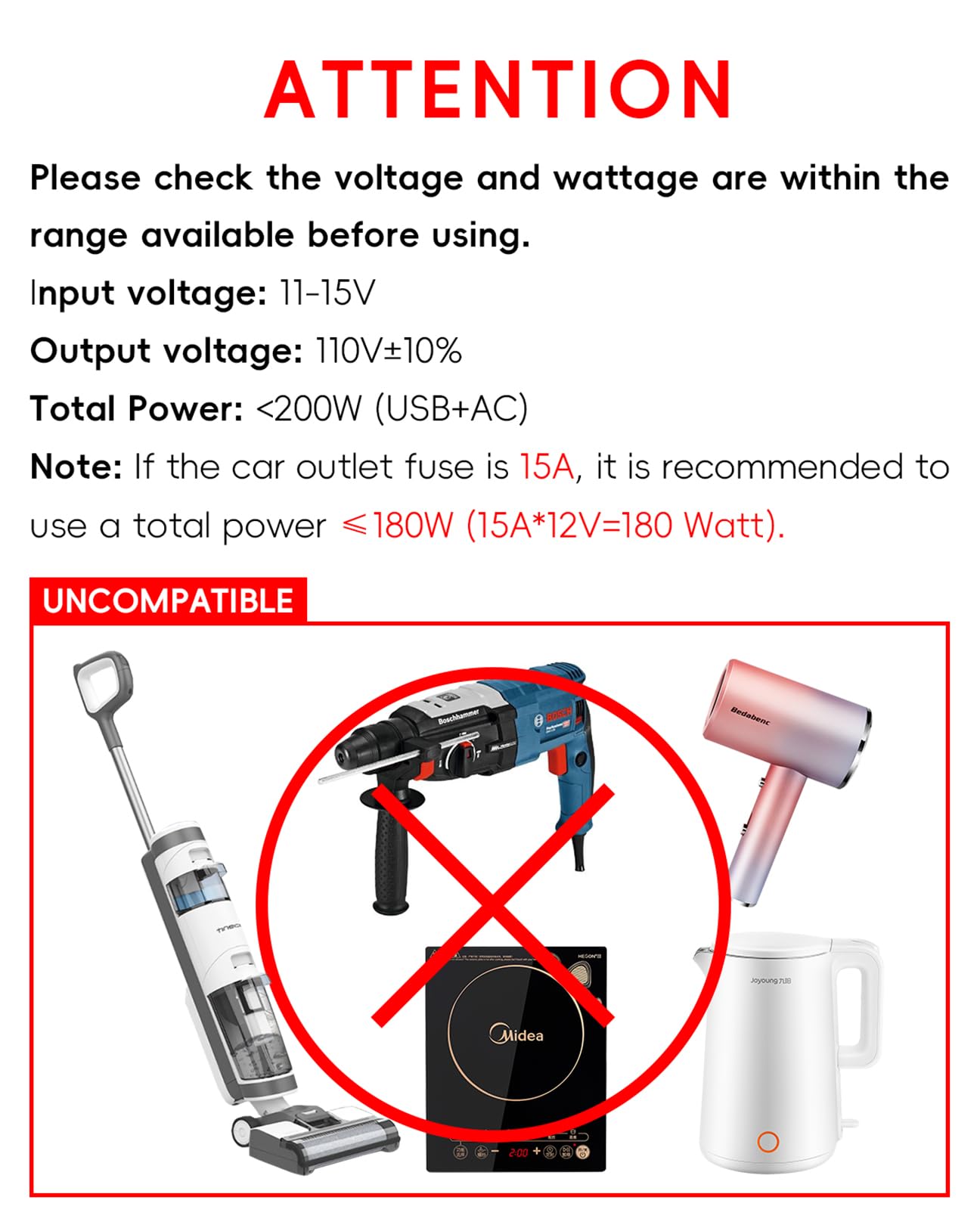 YSOLX 200W Car Power Inverter 12V to 110V for Vehicles, Car Plug Adapter Outlet with 4 USB Fast Charger, Car Charger Cigarette Lighter Adapter for Phone, Laptop on Road Trip