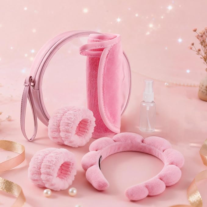 Real Perfection Spa Headband for Washing Face, Skincare Headband Wristband Set for Women, Reusable Machine-Washable Makeup Remover Towel Cloth, 1oz Small Spray Bottle with Travel Makeup Bag - Pink