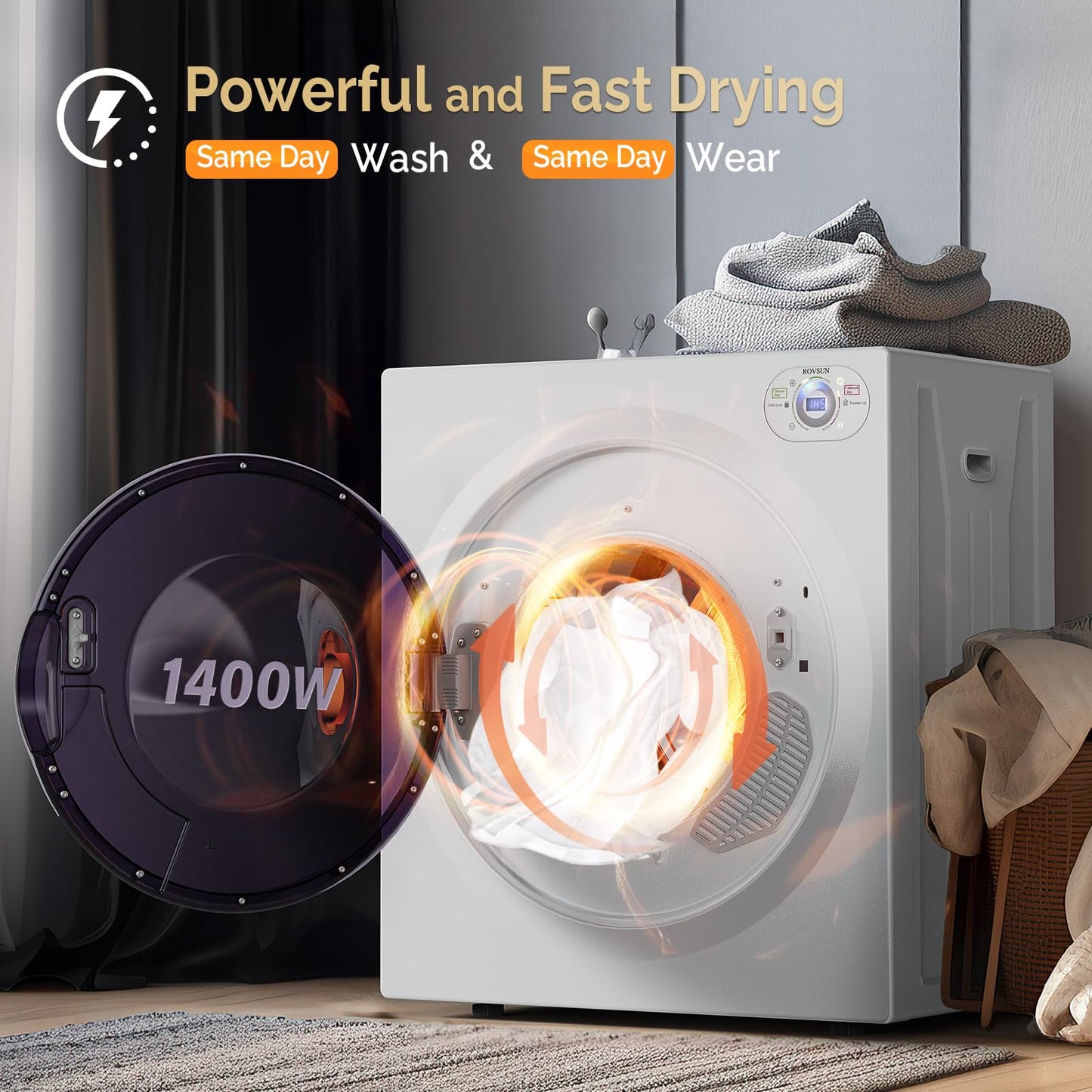 ROVSUN 2.6 Cu.Ft Portable Clothes Dryer, 1400W Fast Drying Front Load Tumble Laundry Dryer with Stainless Steel Tub & LCD Control Panel Six-Mode for Apartment, Home, Dorm