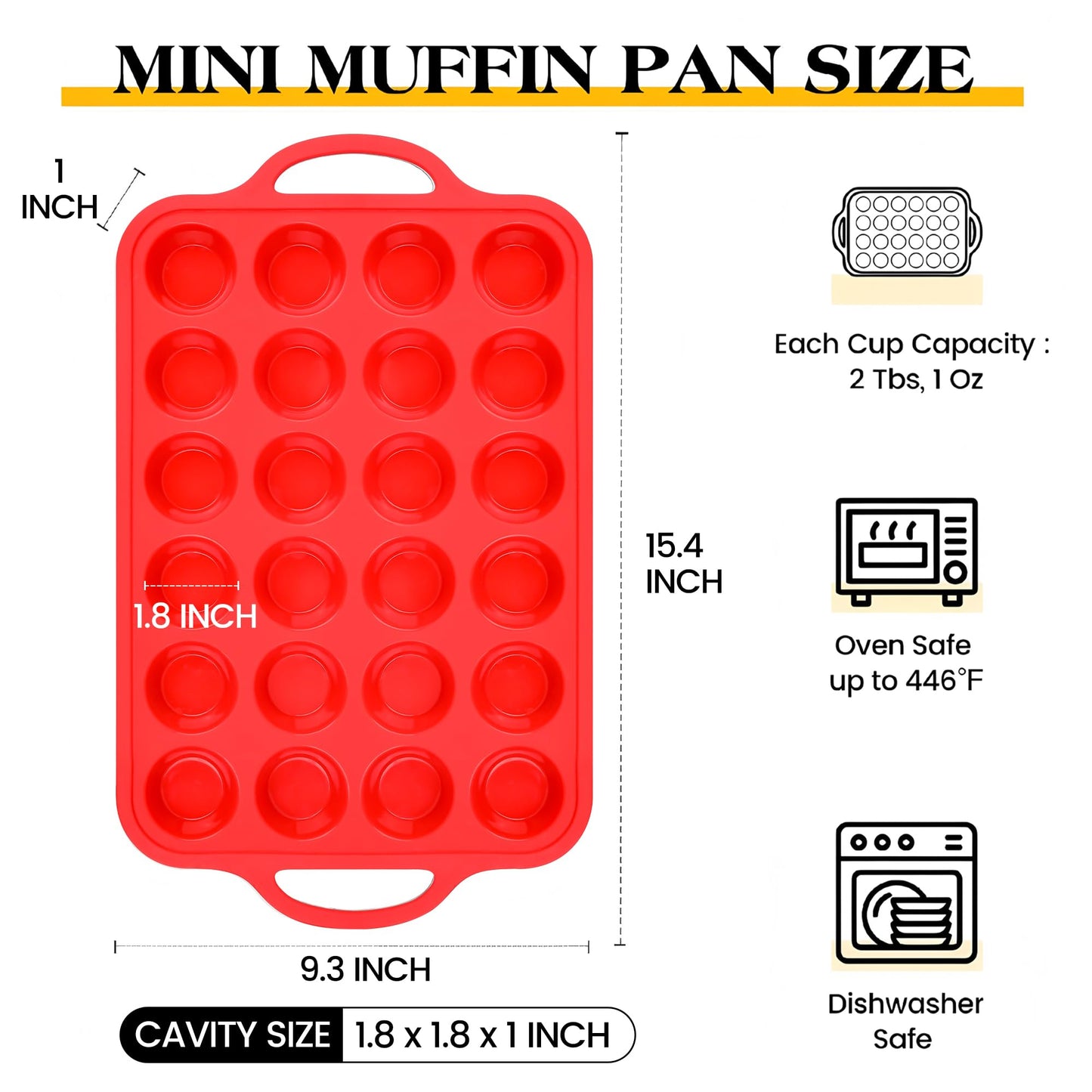 AOTASO Silicone Mini Muffin Pan With Stainless Steel Reinforced Frame 24 Cups Nonstick Cupcake Molds for Baking Silicone Muffin Tray with Handles(2 Pcs, Red)